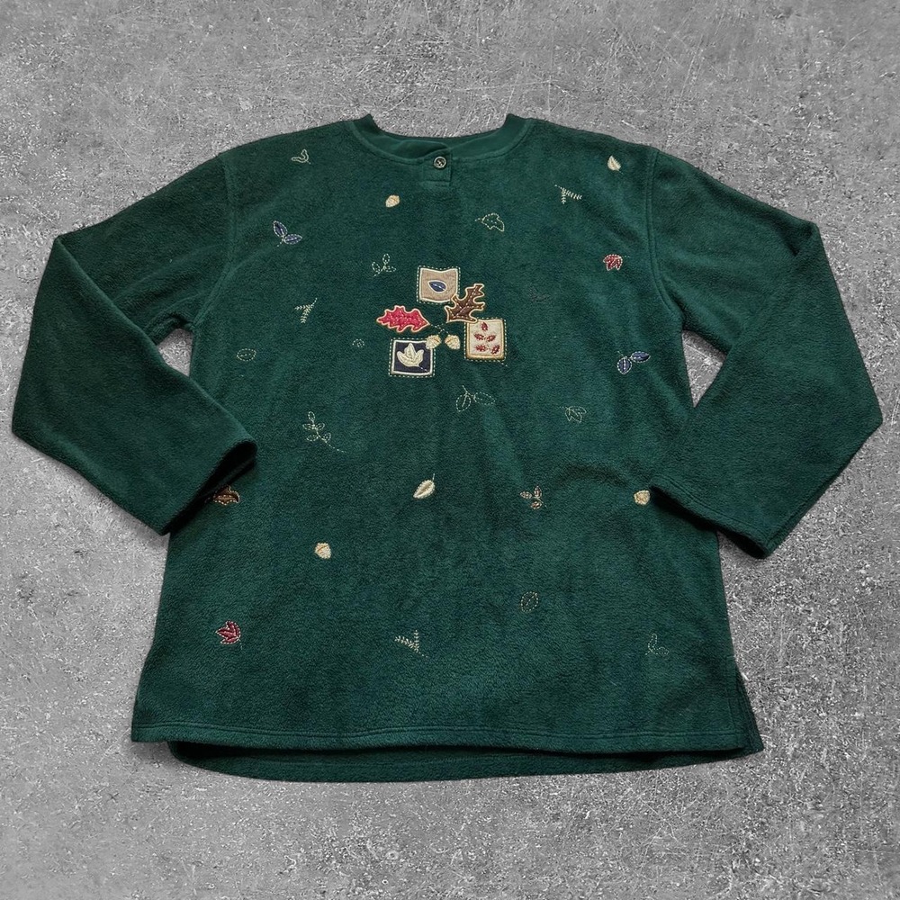 Bobbie Brooks Green Embroidered Fleece Fall Leaf Long Sleeve Shirt Womens S